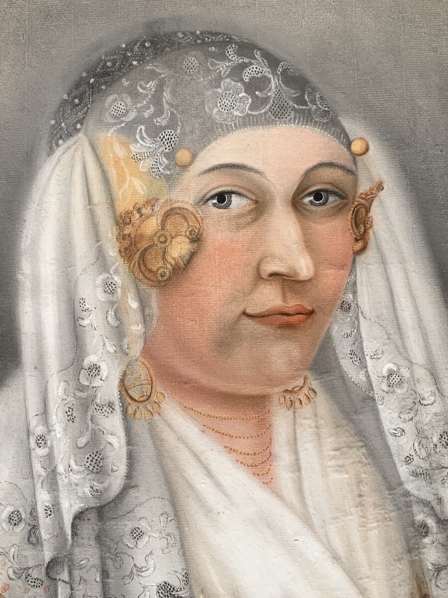 GRONINGSE BOERIN [PASTEL] IN KLEDERDRACHT IN ORGINELE  STAAT   H61CL  B 48CM